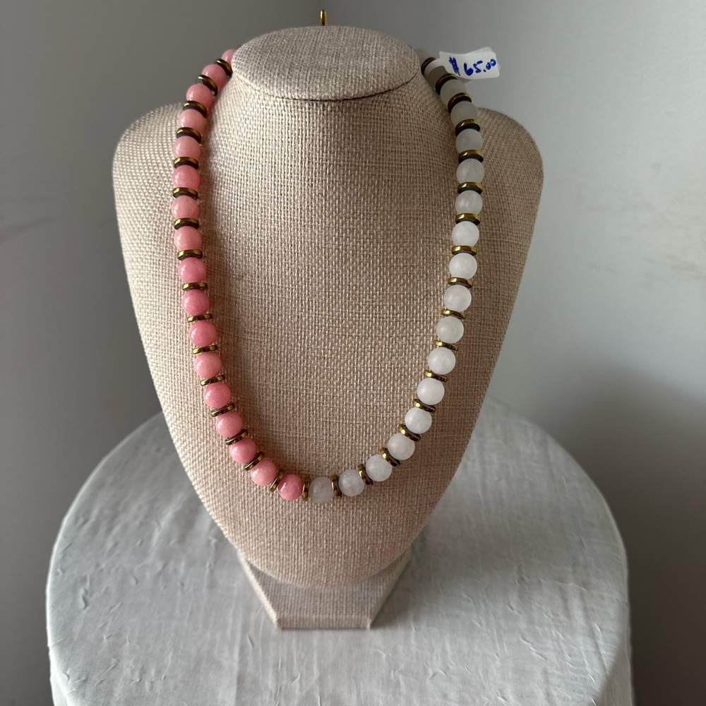 STRAWBERRY QUARTS LIGHT PINK QUART STATEMENT NECKLACE 19” - Picture 5 of 9